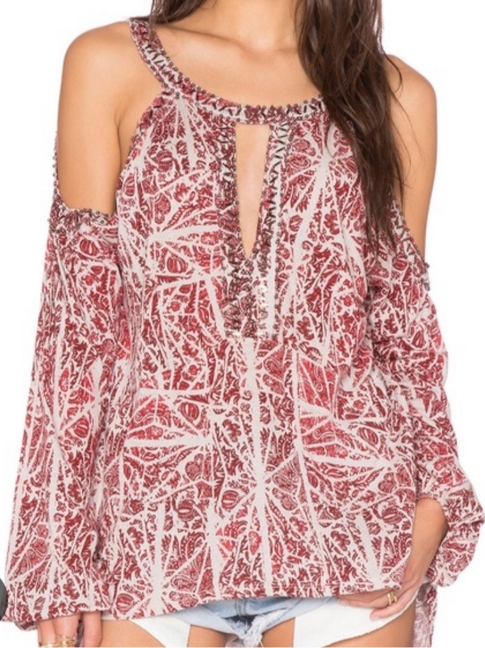 Free People Cold-Shoulder Boho Tunic Top in Red and White